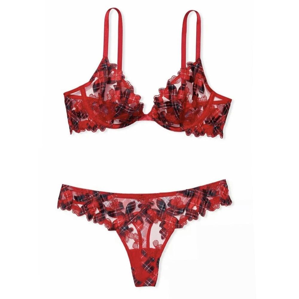 Victoria's Secret Floral‎ Plaid Embroidered Demi Bra Thong Set Sz 36D / L - Red